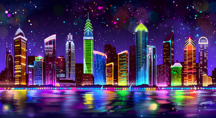 A city skyline is lit up in neon colors, with the water reflecting the lights. Scene is energetic and vibrant. Generative AI