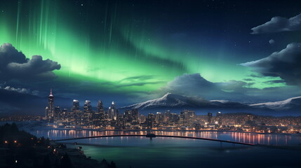 Aurora borealis lights up city skyline under night sky