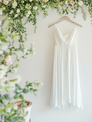 White dress mockup, lovely dress hanging on wall hanger