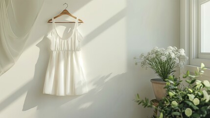 White dress mockup, lovely dress hanging on hanger, 3d render