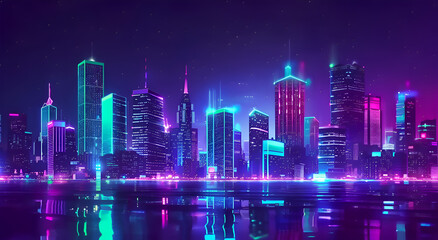A city skyline is lit up in neon colors, creating a vibrant and energetic atmosphere. The city appears to be bustling with activity, as the lights reflect off the water and buildings. Generative AI