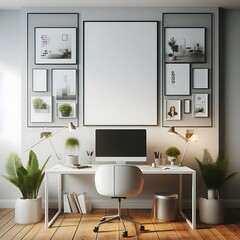 A desk with a computer and a chair and plants on the wall image used for printing card design.