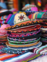 A table full of colorful hats with a variety of designs and patterns. The hats are arranged in a way that they are all visible and easily accessible. Concept of diversity and creativity. Generative AI