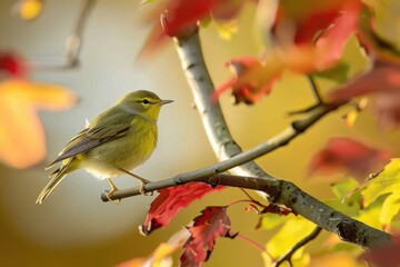 Tennessee Warbler Perched on Tree in Fall. Beautiful Bird in Natural Habitat, Embracing