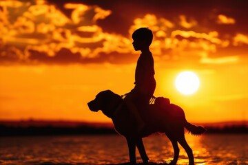 Silhouette of a young boy riding a dog against a stunning sunset sky