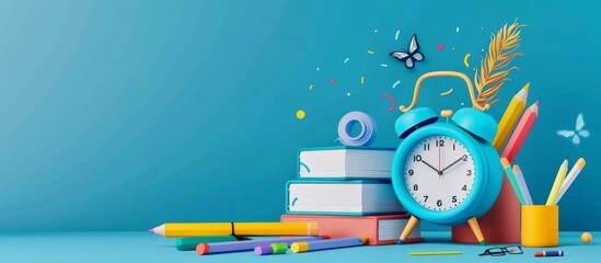 Colorful school supplies and alarm clock on blue background, concept of education and time management