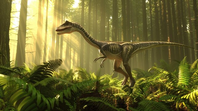 Carnivorous Coelophysis Dinosaur in Ancient Forest of Ferns and Fir Trees. 3D Rendering
