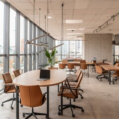Wooden coworking interior with pc computers on desks in row, panoramic window