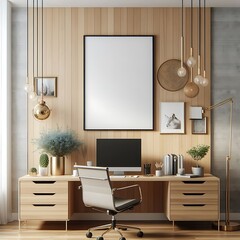 A desk with a computer and a chair in front of a wall image has illustrative meaning card design.
