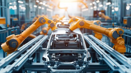 Robotic arms assembling a car on a modern automated production line in an industrial factory