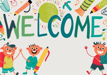 Obraz premium Colorful Cartoon Welcome Back to School Banner with Joyful Characters