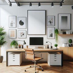 A desk with a computer and a plant on the wall image art photo.