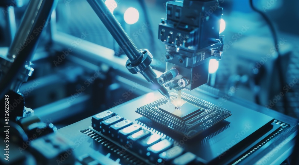 Poster precision robotics at work: close-up of a robotic arm assembling microchips in a tech lab