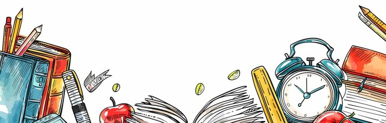 Colorful school supplies and alarm clock on white background, vibrant educational concept