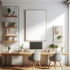 A desk with a computer and chairs in a room with a large picture frame image art art attractive.