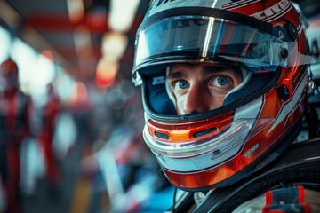 A motorsport race car driver's helmeted head with blurred background, likely standing in the pits...