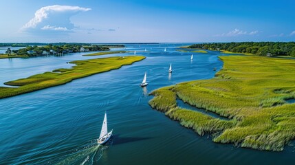 Fototapeta premium Lowcountry Marsh Scenery in Charleston, South Carolina: Sailboats Crossing Blue Tidal Cooper River