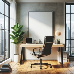 A desk with a laptop and a plant in front of a window image art realistic card design.