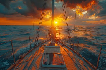 Yacht sailing towards the horizon on the sea under a breathtaking golden sunset sky