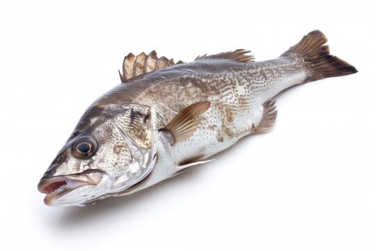 Fresh Raw Corvina Fish on White Background for Seafood Lovers. One Single Atlantic Ocean Species