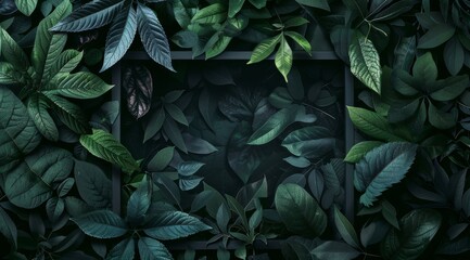 Lush green leaves on a dark background creating a natural, moody atmosphere