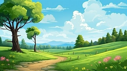 Green grass outdoor field landscape with roadway