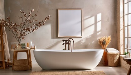 Luxurious bathroom with a modern bathtub, framed blank poster, and rustic decorations on a textured background, imbued with natural light, Generative AI.