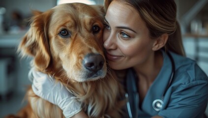 Female veterinarian in blue scrubs affectionately embracing a golden retriever in a clinic