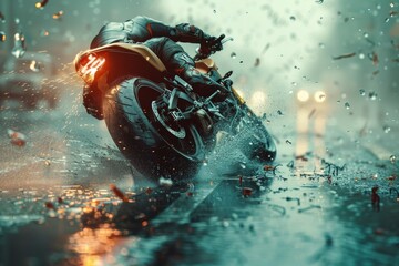 Action shot of a motorcyclist riding fast along a wet urban street in rain