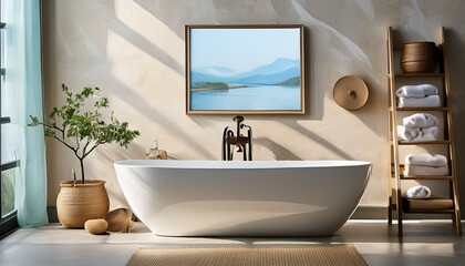 Luxurious bathroom with a modern bathtub, framed blank poster, and rustic decorations on a textured background, imbued with natural light, Generative AI.