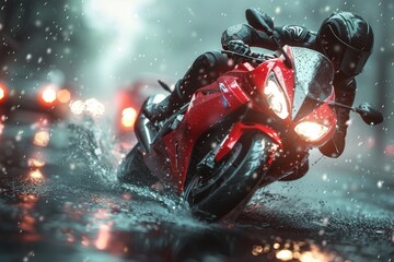 An intense image capturing a motorcyclist speeding through a wet street under rainy conditions with lights reflecting
