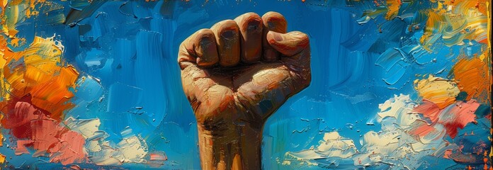 Vibrant painting of a fist raised against a colorful, textured background