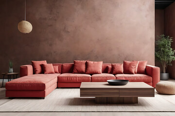 Red modular corner sofa against blank brown stucco wall with copy space. Loft interior design of modern living room, home. Generative Ai