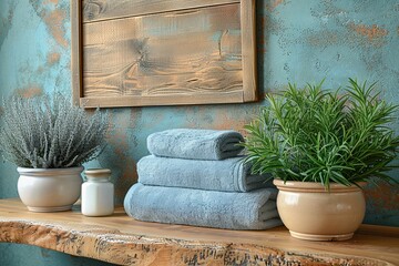 A warm interior scene with plush blue towels and green plants on a wooden shelf against a textured...