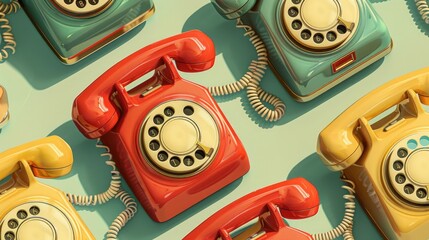 A seamless pattern of classic rotary dial telephones from the mid-20th century in a variety of colors, including cherry red, seafoam green, and buttercream yellow, with a touch of chrome detailing