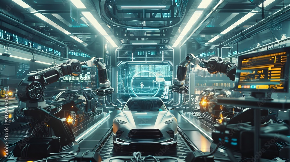 Aufkleber futuristic car manufacturing line with advanced robotics and high-tech interface