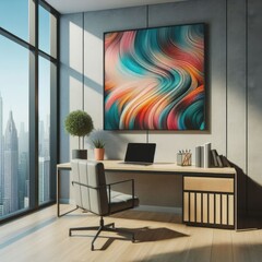 A desk with a laptop and a painting on the wall image art attractive used for printing.