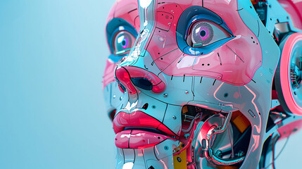 Colorful robotic face with exposed mechanisms