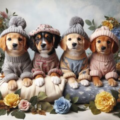Obraz premium Many puppies wearing sweaters and hats image art attractive harmony lively illustrator.