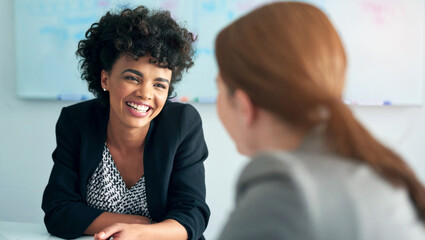 Woman, office and business or happy meeting, company and work collaboration with employee for...