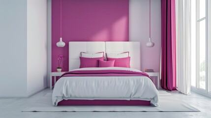 Modern Bedroom with Magenta Highlights, Ideal for Trendy and Bold Home Styling