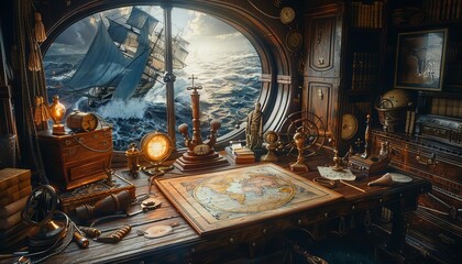 Visualize a navigator plotting a course on an ancient map, surrounded by nautical instruments, aboard a sailing ship at dusk
