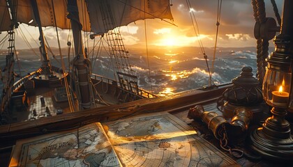 Visualize a navigator plotting a course on an ancient map, surrounded by nautical instruments, aboard a sailing ship at dusk © Nawarit