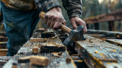 Worker with an ax in his hand, close-up