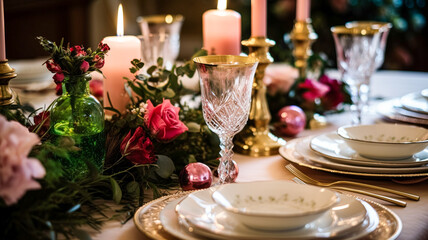 Holiday table decor, Christmas holidays celebration, tablescape and dinner table setting, English country decoration and home styling inspiration