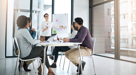 Team, woman and pointing in meeting, office or boardroom for project as management for company or business. Group, presentation and whiteboard with sticky notes and graph for metrics in brainstorming