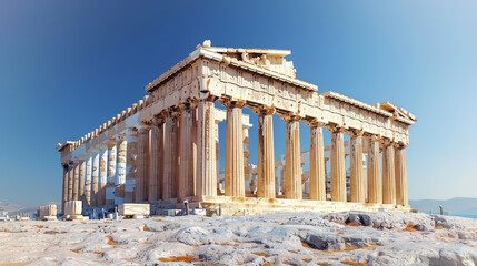 The Parthenon stands majestically under a clear blue sky, showcasing its historic Doric architecture. - obrazy, fototapety, plakaty