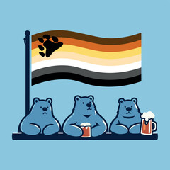 Three cartoon bears with two mugs of beer behind a bar counter under the flag of the LGBTQ+ bear brotherhood