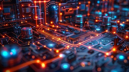 Obraz premium Visualize an electrical circuit diagram illustrating the flow of current through various components, powered by a stable voltage source