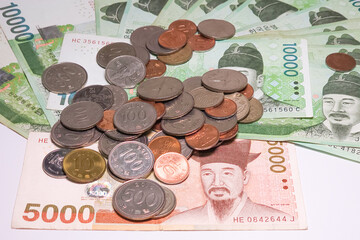 close up view of south korean currency ,coins and notes